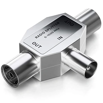 Afbeelding van deleyCON Antenne Splitter T Koppeling voor 2 Apparaten Radio Adapter Coax 2x Bus Zilver