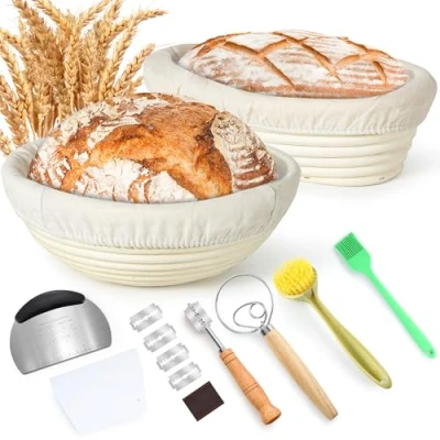 Afbeelding van Votoko Brood gaarmandje voor het bakken van brood, 23 cm, rond en 25 ovaal, broodmand natuurlijk rotan, inclusief garde, deegschraper, siliconen borstel, bakkersmes, thuis