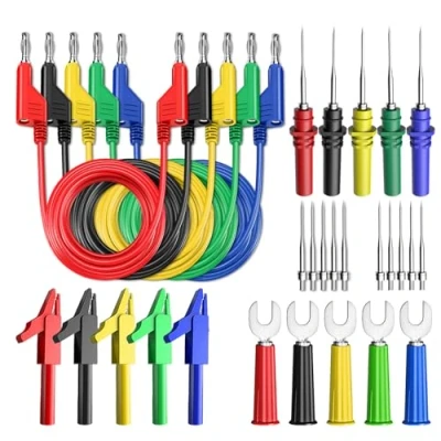 Afbeelding van Cleqee 30 stuks multimeter testsnoeren, dubbel uiteinde, stapelbaar, 4 mm banaanstekker, testkoorden met 5 geïsoleerde krokodillenklemmen, platte stekkers, testsondes 10 naalden