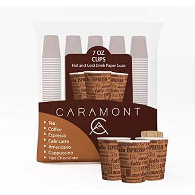 Afbeelding van Caramont, 400 kartonnen bekers, 7 oz met houten roerstaafjes, milieuvriendelijk, hittebestendig, voor koude en warme dranken, ideaal koffie, thee, verjaardag enz.
