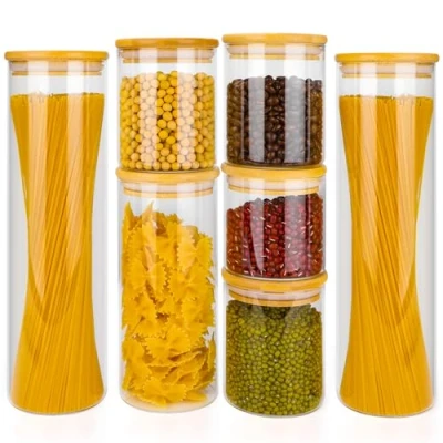 Afbeelding van Otauoaea Voorraadpotten met deksel, set van 7 glazen voorraaddozen luchtdicht, voorraadpot houten deksel voor koffiebonen, korrels, noten, meel, pasta, spaghetti