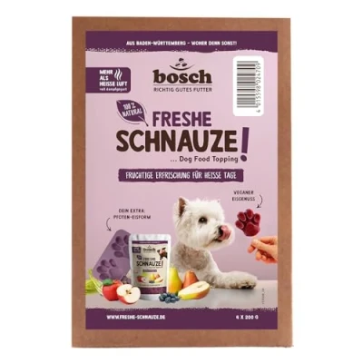 Afbeelding van Bosch Freshe Schnauze actiepakket fruit 4 x 200 g + gratis ijsvorm voor hondenijs topping hondenvoer droog en natvoer geschikt met verse appels, peren bosbessen