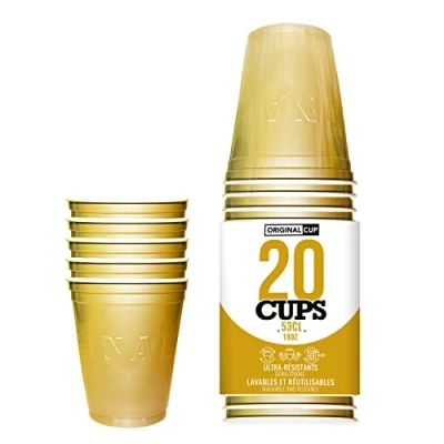 Afbeelding van Pak van x20 officiële originele Gouden bekers 53cl American Cups Bier Pong Premium kwaliteit Herbruikbare plastic Hand en machinewas OriginalCup®