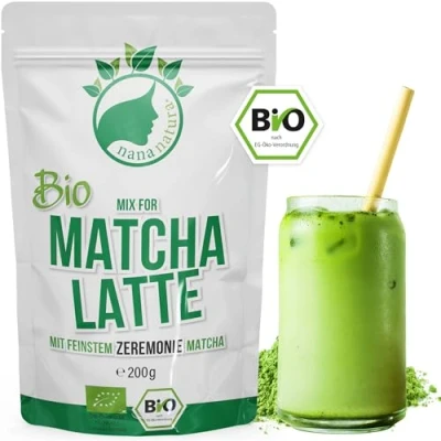 Afbeelding van NanaNatura Biologische matcha Latte Mix met 22% Ceremonial Grade groene theepoeder uit Japan, voor gewoon lekker theegenot, ook ijs en gebak