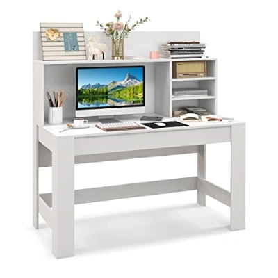 Afbeelding van COSTWAY Bureau met opzetstuk, computertafel kabelgeleidingsgaten, moderne werktafel, pc tafel, bureautafel voor werkkamer en slaapkamer, wit, 120 x 54 129 cm