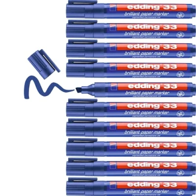 Afbeelding van edding 33 brilliant flip overmarker blauw 10 permanent markers, waterbestendig beitelvormige punt 1 5mm schitterende kleuren lichtbestendig papier, karton, kunststof, metaal, glas