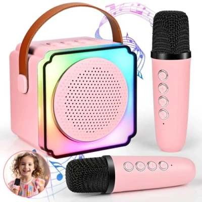 Afbeelding van karaoke machine voor kinderen, met 2 microfoons, mini draagbare bluetooth luidspreker stemwisselende effecten en led lichteffecten feest, cadeaus verjaardag, Kerstmis (roze)