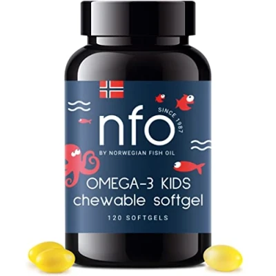 Afbeelding van NFO Omega 3 Kids [120 kauwbare mini softgel capsules] Noorwegen capsules hoge dosering, tutti Frutti smaak, natuurlijke visolie: EPA, DHA, triglyceriden, vitaminen D3 &amp; E, van wilde vis