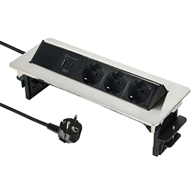 Afbeelding van Electraline 62570 uitschuifbaar/tafelcontactdoos/tafelcontactdoos 3 voudig (2 USB 3.1A: 1 type A + C 15.5W, 2m kabel), inbouwcontactdoos voor werkblad meervoudige contactdoos in bureau 45