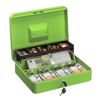 Afbeelding van Relaxdays geldkistje met slot, bakje voor munten &amp; briefgeld, geldkluisje ijzer H x B D 8,5 30,5 24,5 cm, groen