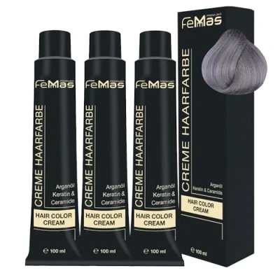 Afbeelding van FemMas Haarverf, 3 x metallic grijs, professionele crème haarverf met arganolie, keratine en ceramiden, als duurzame haarkleuring of tint voor stralende, kleurresultaten, 100 ml