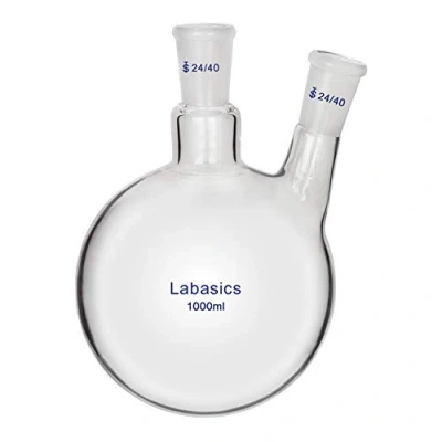 Afbeelding van Labasics Glas 1000 ml 2 hals Rondbodemkolf RBF, met 24/40 Midden en Zijkant Standaard Taps Toelopende Buitenverbinding