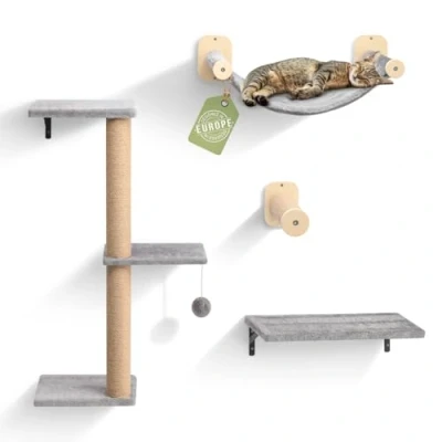 Afbeelding van WOOWOOD klimwand katten set incl. kattentrap muur I krabpaal hangmat kat kattenmeubel kattenwand (8 delig)