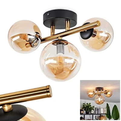 Afbeelding van Plafondlamp Chehalis, wandlamp van metaal/glas in zwart/bras/amber, lamp met kap echt glas, retro/vintage design, Ø 10/12 cm, 3 x G9, zonder gloeilampen