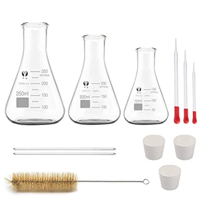 Afbeelding van JESTOOLO glazen erlenmeyerzuigerset, 250 ml, 200 150 conische flesjes, 10 ml/5 ml maatcilinderglas met 3 pipetten, 2 wasborstels en staafjes, voor laboratorium, levensmiddelen,