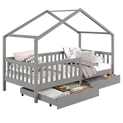 Afbeelding van IDIMEX Huisbed ELEA van massief grenen, kinderbed met valbescherming 90x200cm, speelbed dak in grijs