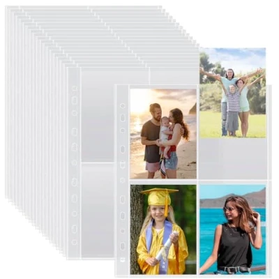 Afbeelding van 50 stuks A4 fotohoezen met 400 vakken voor 2/3/4 ringmappen, transparante ansichtkaarthoezen 4 vakken, doorzichtige hoezen A4, top loading navullingen fotoalbums (109 x 153 mm).