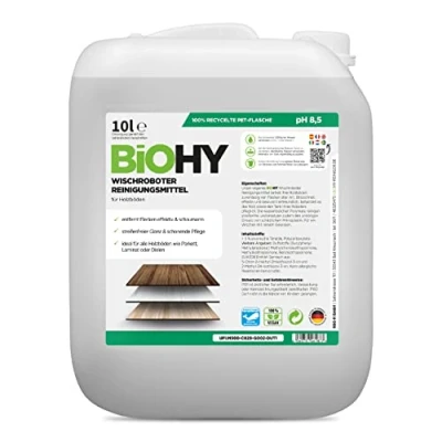 Afbeelding van BiOHY Schoonmaakmiddel voor dweilrobots (10 Liter Busje) Vloerreiniger houten vloeren zoals parket &amp; laminaat streeploze glans concentraat met frisse geur (Wischroboter Holz)