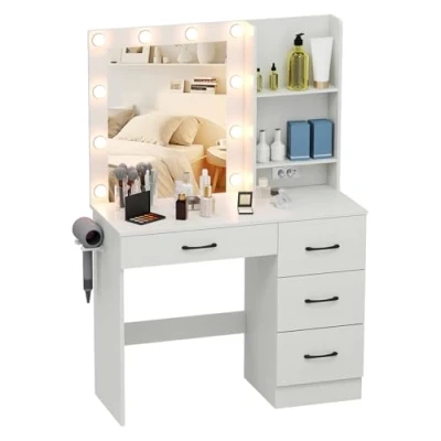 Afbeelding van COSTWAY Make uptafel met ledverlichting, 3 kleuren instelbare helderheid, kaptafel laadstation, spiegel, laden, open planken en haardrogerhouder, cosmeticatafel, wit