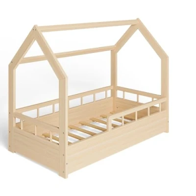 Afbeelding van MS FACTORY Huisbed 70x140 cm Kinderbed met valbeveiliging Dennenhouten bed lattenbodem Halve Barrière Hout