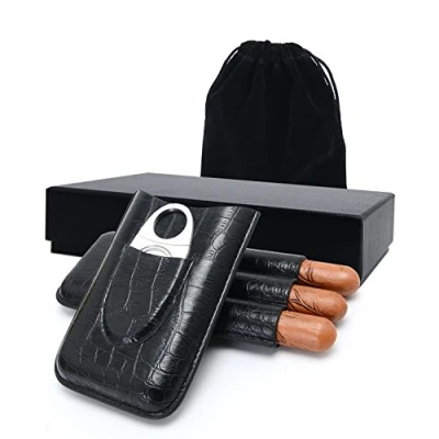 Afbeelding van Sigarenkoker, sigarenkoker/sigarenset / sigarenkoker leer/humidor sigaar/reishumidor/3 houders echt lederen sigarenkoker/met sigarensnijder, perfect cadeau voor mannen (zwart)