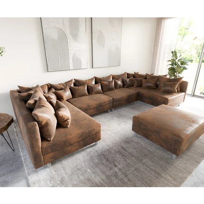 Afbeelding van bank Clovis XL bruine antiek stijl met hocker woonlandschap module