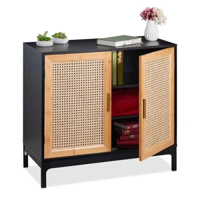Afbeelding van Relaxdays dressoir met rotan vlechtwerk, HxBxD: 76x80x39 cm, opbergkast woonkamer, 2 deuren, mdf &amp; bamboe, natuur/zwart
