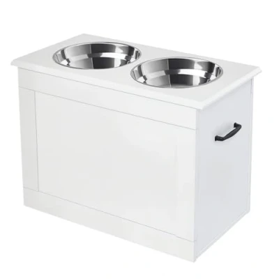 Afbeelding van PawHut Hondenvoerbak met opbergruimte 2 bakken, voerstation, etensbak voor katten, MDF roestvrij staal D08 021