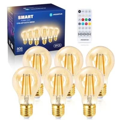 Afbeelding van Aigostar Mesh Smart Lamp Bluetooth A60, 6W 806LM Bulb Dimbaar CCT 2700K 6500K, Vintage Filament LED Slimme Lampen Compatibel met Alexa, 6 Stuks (met afstandsbediening)