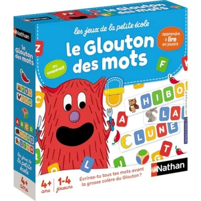 Afbeelding van Nathan De Glouton der woorden, educatieve bordspellen voor kinderen van 4 jaar, leren lezen en schrijven, woorden letters herkennen, met plezier, 27 woordkaarten, 152
