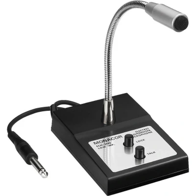 Afbeelding van Monacor 230280 ECM 200 Tafelmicrofoon met zwanenhals, Electret microfoon voor aankondigingen en kleine ronde spraakversterker popbescherming, zwart/zilver