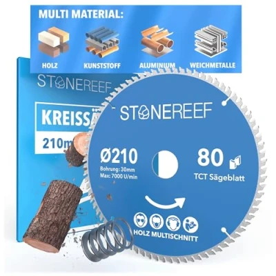 Afbeelding van STONE REEF zaagblad 210 x 30 cirkelzaagblad [adapter op boring 16/20/22,23/25,4 mm], compatibel met invalzaag en cirkelzaag van Bosch, Makita enz.; nagelbestendig voor hout,