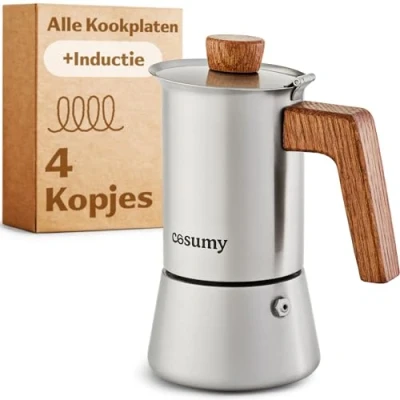 Afbeelding van Espressomachine van roestvrij staal en duurzaam eikenhout, voor 4 kopjes, geschikt inductie, met extra siliconen afdichting
