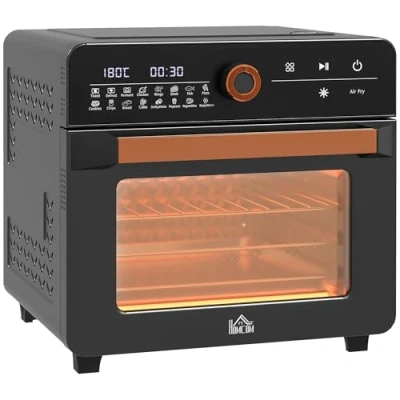 Afbeelding van HOMCOM mini oven met convectie, 20 liter, 3 in 1 grillrooster, bakplaat en kruimelplaat, 40 C 220 C, heteluchtfriteuse frituurmand, timer, binnenverlichting, 1400 W, roestvrij