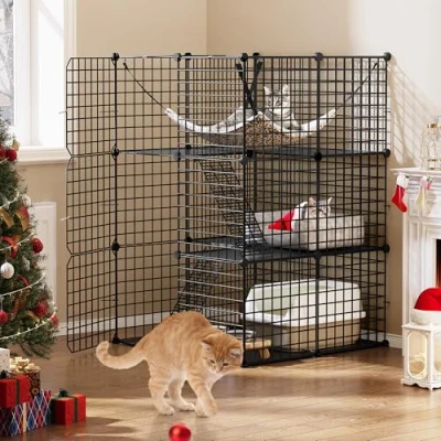 Afbeelding van YITAHOME Kattenkooi voor binnen, doe het zelf kattenverblijven met 3 deuren, 2 ladders, metalen kattenbox, laags kennels, huisdierenkrat extra grote hangmat, huisdierkooi 1 katten,