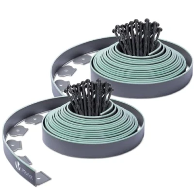 Afbeelding van VOUNOT Flexibele gazonrand, kunststof, fluorescerende bloembedrand met 60 grondankers, lengte 20 m hoogte 6 cm, grijs + fluorescerend groen