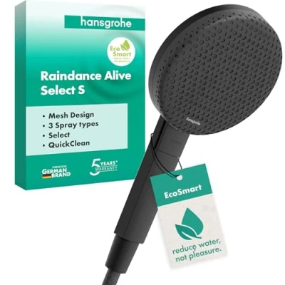 Afbeelding van hansgrohe Raindance Alive Select S waterbesparende douchekop 7,1 l/min (EcoSmart), handdouche met 3 straalsoorten (incl. PowderRain), douchecabine, antikalkfunctie, matzwart, 24511670