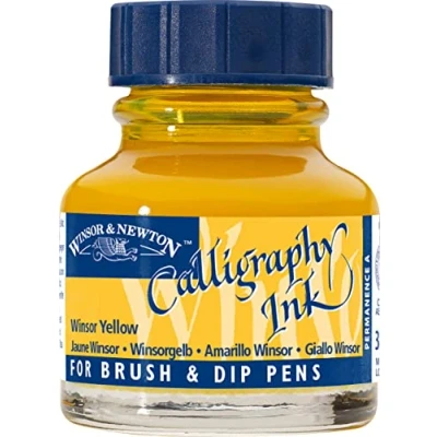 Afbeelding van Winsor &amp; Newton 1111730 Kalligrafie inkt voor vulpennen of kroontjespennen, onderling mengbaar, lichtecht met goede vloei eigenschappen 30ml fles, Yellow