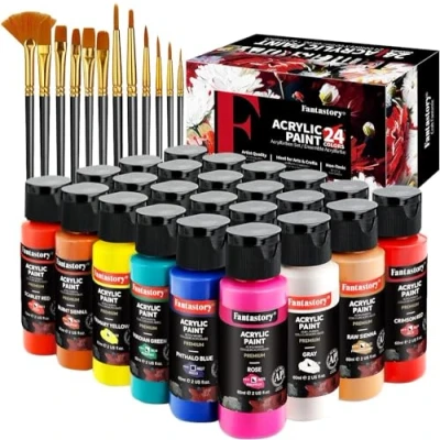 Afbeelding van Fantastory Acrylverfset 24x 60ml, 12 Penselen; Uitstekende Dekking, Hoge Lichtbestendigheid, Waterdichte Acrylverf; voor Doek, Hout, Keramiek, Modellen; Kunstenaars, Beginners [Professionele Serie]