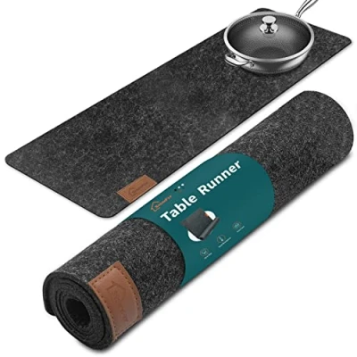 Afbeelding van shinfly Tafelloper van vilt, 100 x 30 cm, tafelband, tafelloper, afwasbaar, antraciet, waterafstotend, met leren label, viltloper, tafel, antraciet