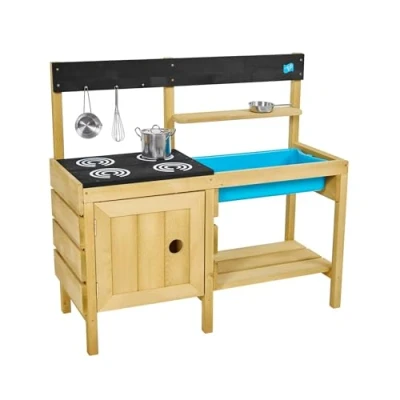 Afbeelding van TP Speelgoed, Junior Chef Mud Kitchen, FSC gecertificeerd hout, natte en droge activiteit, inclusief spatbad, pannen accessoires. Voor zand, water, zintuiglijk rommelig spel, vanaf 3 jaar