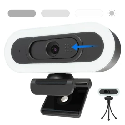 Afbeelding van VIZOLINK W4LS Webcam met microfoon, FHD 2K, 3 ringlampen, autofocus, 90 gezichtsveld, plug &amp; play, belichtingscorrectie, afdekking StreamCam voor Skype, FaceTime, Hangouts, etc,