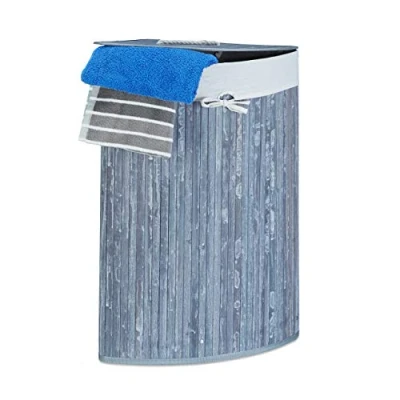 Afbeelding van Relaxdays wasmand hoekmodel bamboe 60 liter deksel wasbox driehoekig grijs