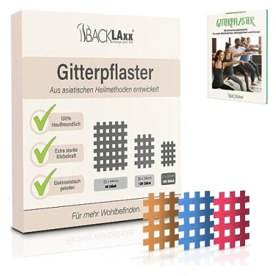 Afbeelding van BACKLAxx ® Mesh tape 180 stuks premium kwaliteit rasterpleisterset in maten type A gratis uitgebreid e book met 60 toepassingsvoorbeelden acupunctuurpleisters pijnpleisters Crosstape