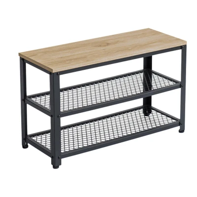 Afbeelding van ACAZA Stevig Schoenenrek Zwart Frame en Bankje in Lichte Eik 73x30x45cm