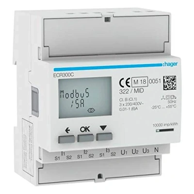 Afbeelding van Hager kwh meter 3 fase indirecte meting 6a 92 276v 160 480v klasse b pulsuitgang mid modbus afname levering multi tarief ecr300c
