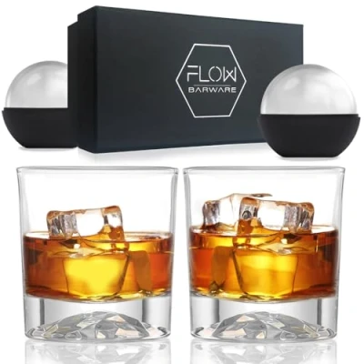 Afbeelding van Flow Barware Whiskyglazen, set van 2 stuks, geschenkset whiskyglas op bergbasis, creatief ontworpen ouderwetse glazen, whiskybekers voor whisky, bourbon of mixers