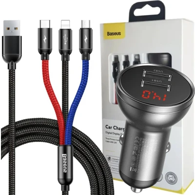 Afbeelding van Baseus Car Charger Digital Display 2xUSB with 3 in 1 Cable 1.2m, 24W 4.8A, Black/Gray (TZCCBX 0G)