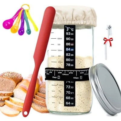Afbeelding van Set met deksels voor moederpastaglazen, 730 ml, gefermenteerd glas spatel, thermometer, maatlepel, reinigingsborstel, houder het koken van natuurlijk gistbrood