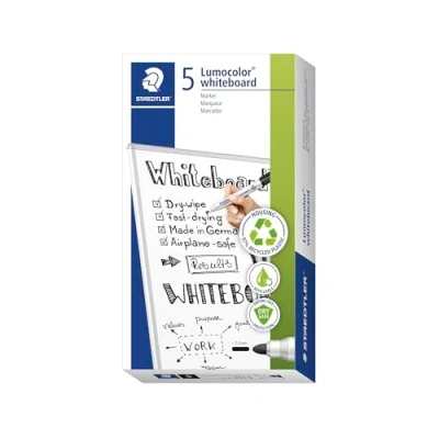 Afbeelding van STAEDTLER Lumocolor whiteboard marker, droog en restloos uitwisbaar, lijndikte 2 mm, sneldrogend, navulbaar, lange levensduur, 5 zwarte markers, 351 9X